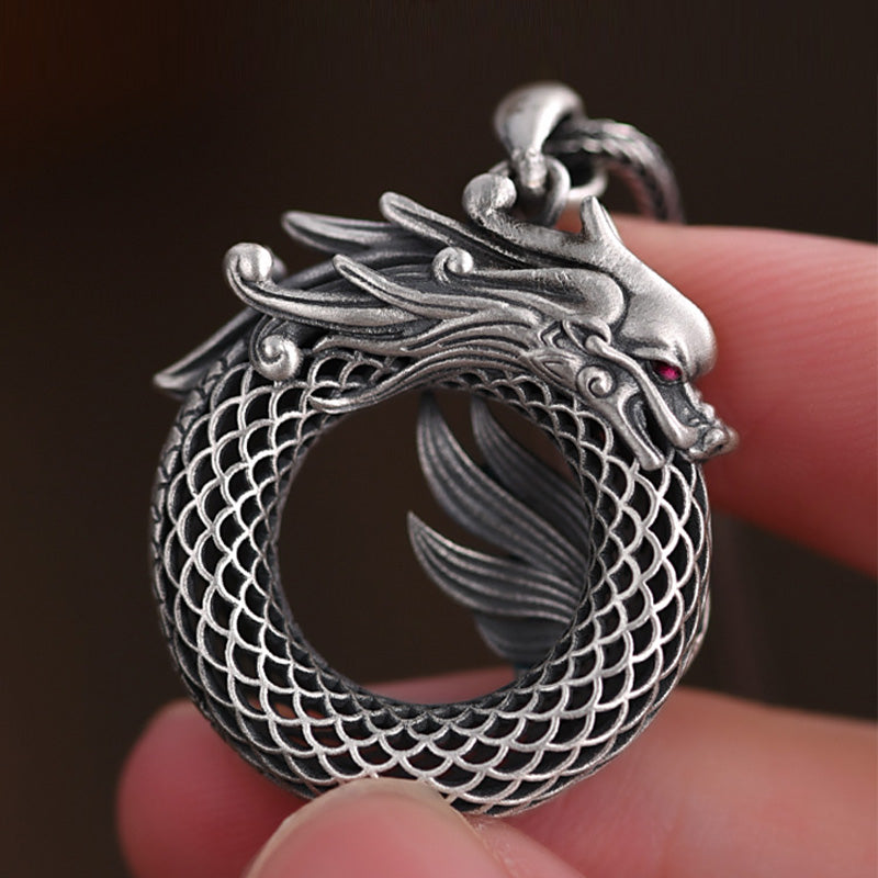 KarmaRipple's 999 Sterling Silver Year Of The Dragon Auspicious Peace Buckle Carved Success Pendant Necklace ( p12