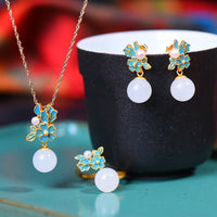 KarmaRipple's Ivory Jade 925 Sterling Silver Pearl Flower Blessing Pendant Necklace Ring Earrings