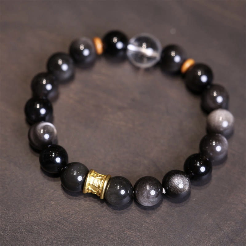 KarmaRipple's Authentic Silver Sheen Obsidian Gemstone Om Mani Padme Hum Bead Protection Bracelet p9