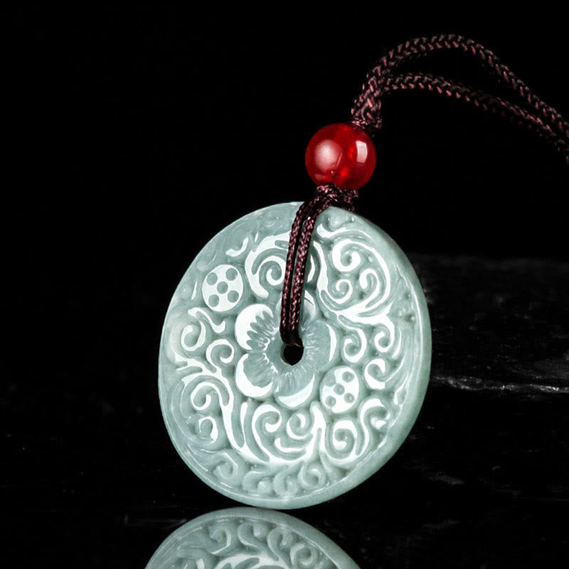KarmaRipple's Green Jade Flower Carved Peace Buckle Abundance Pendant Necklace p2