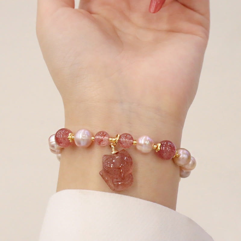 KarmaRipple's Authentic Pearl Strawberry Quartz Cute Fox Love Balancing Talisman Bracelet p7
