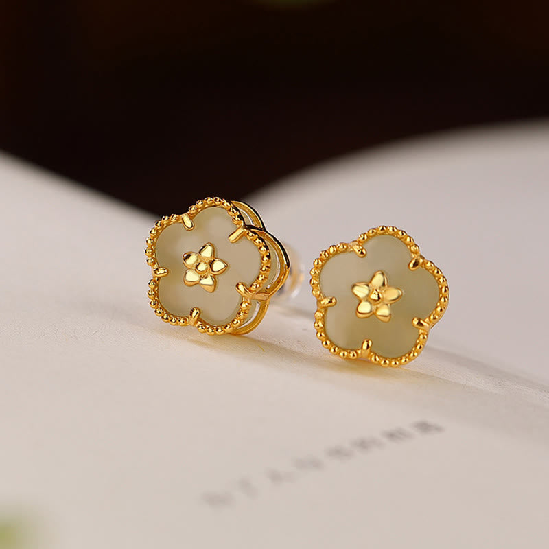 KarmaRipple's 925 Sterling Silver Hetian Jade Plum Flower Fortune Stud Earrings p2