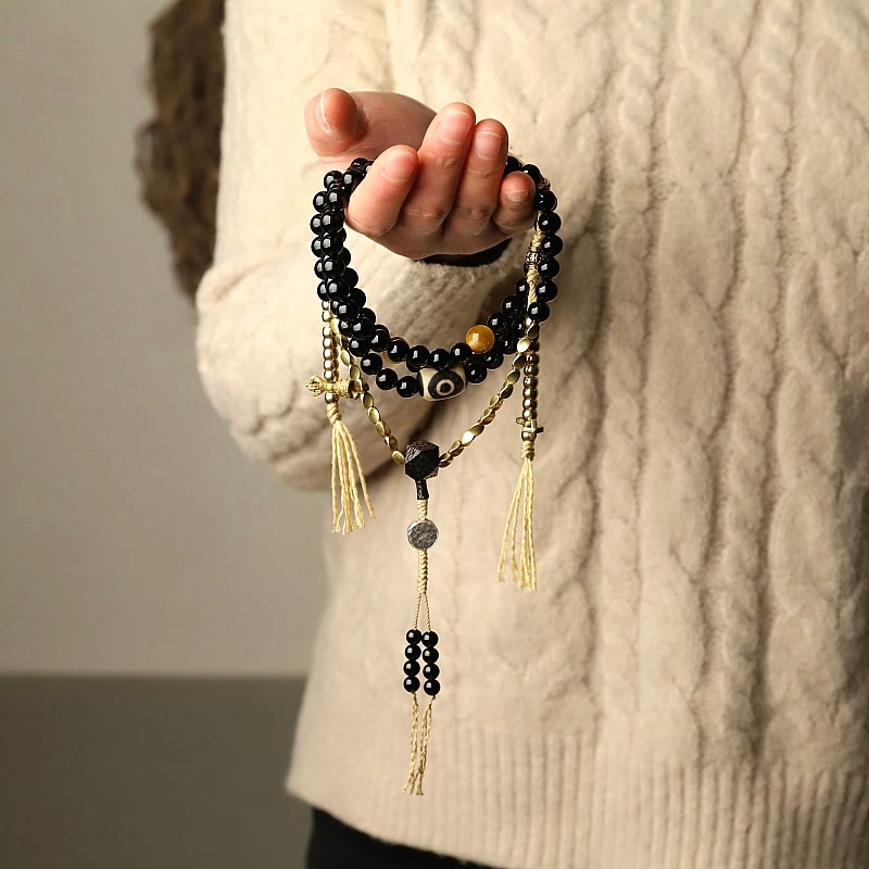 KarmaRipple's Tibetan 108 Mala Beadwork Black Onyx Three-eyed Dzi Beadwork Protection Bracelet p3