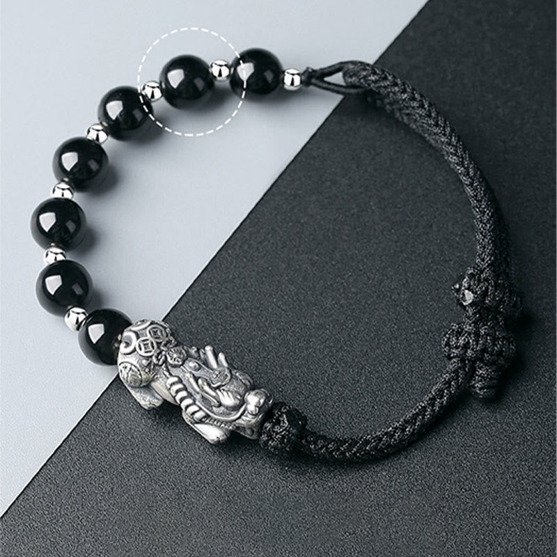 KarmaRipple's 999 Sterling Silver FengShui PiXiu Authentic Black Obsidian 925 Sterling Silver Bead Strength Bracelet p10