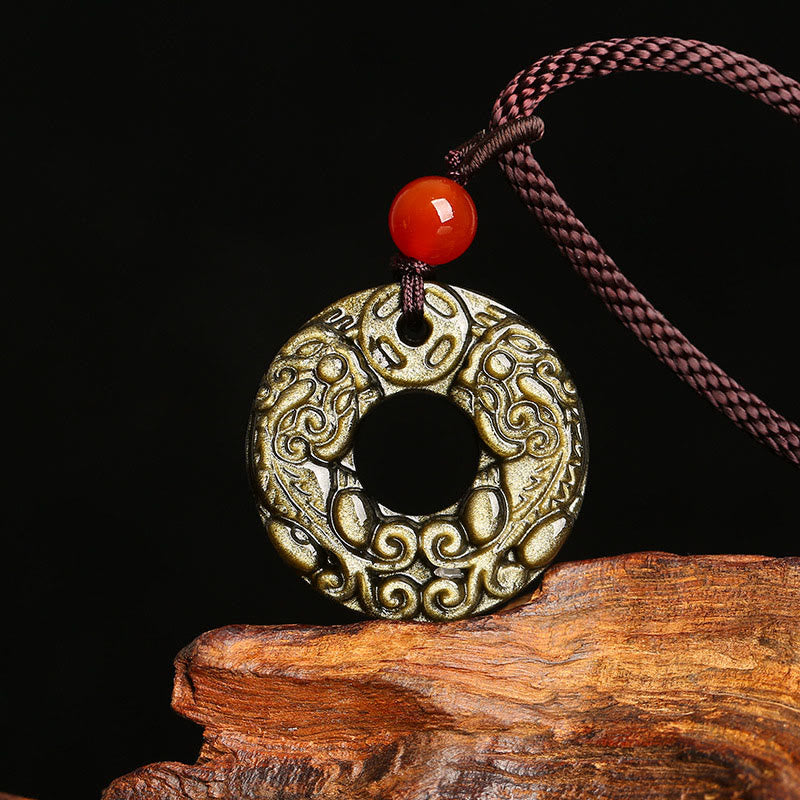 KarmaRipple's Gold Sheen Obsidian Peace Buckle Pixiu Bronze Coin Wealth Pendant Necklace p10