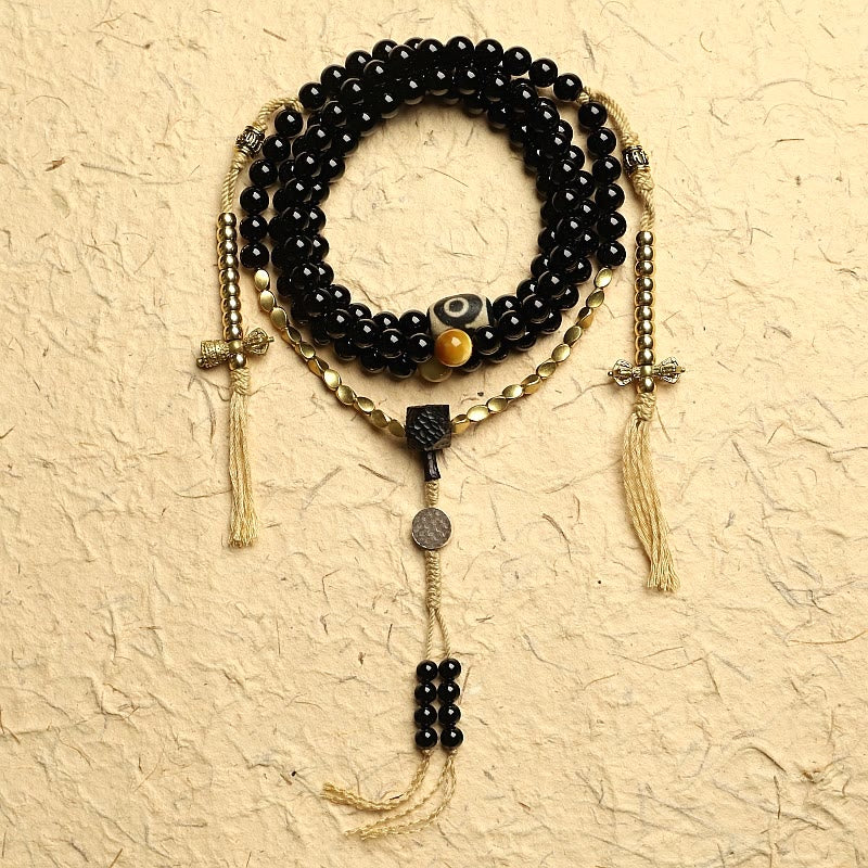KarmaRipple's Tibetan 108 Mala Beadwork Black Onyx Three-eyed Dzi Beadwork Protection Bracelet p22