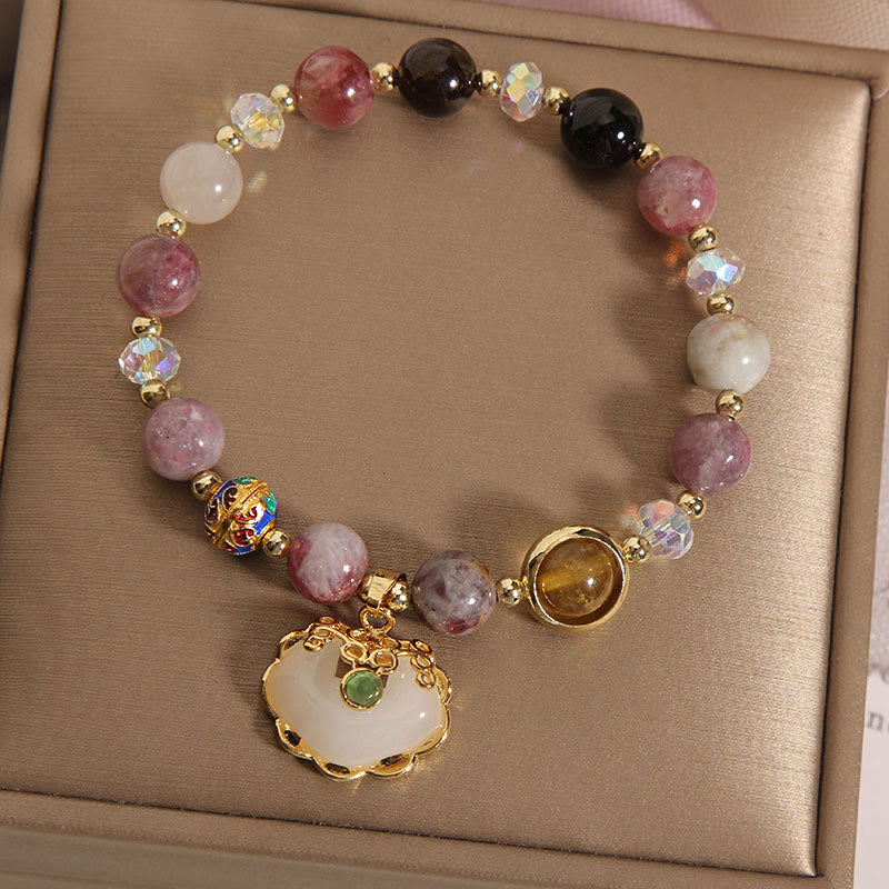 KarmaRipple's Strawberry Quartz Green Gemstone Amethyst Balancing Chinese Lock Talisman Bracelet p17