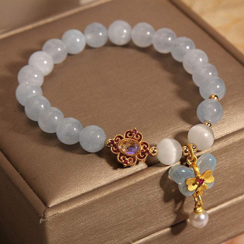 KarmaRipple's Aquamarine Cat's Eye Balancing Butterfly Pearl Talisman Bracelet p2