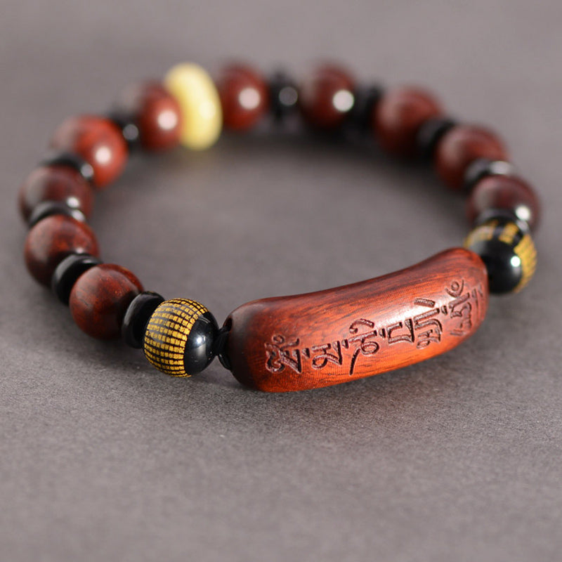 KarmaRipple's Small Leaf Red Sandalwood Om Mani Padme Hum Engraved Protection Bracelet p17