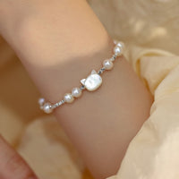 KarmaRipple's Pearl Cat Head Tridacna Stone Silver Chain Balancing Bracelet