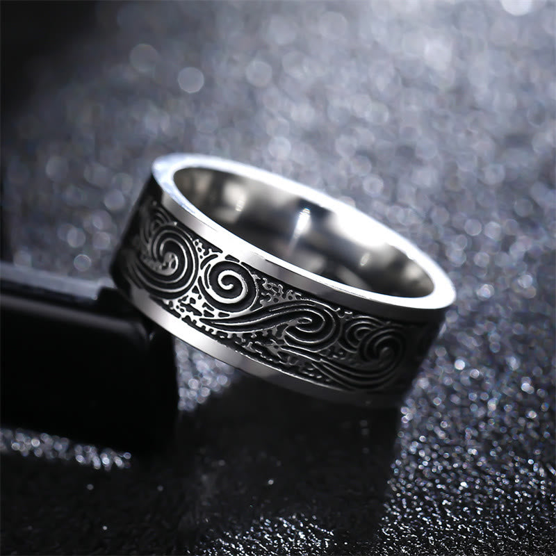 KarmaRipple's Vintage Wave Auspicious Clouds Engraved Pattern Titanium Steel Balance Ring p2