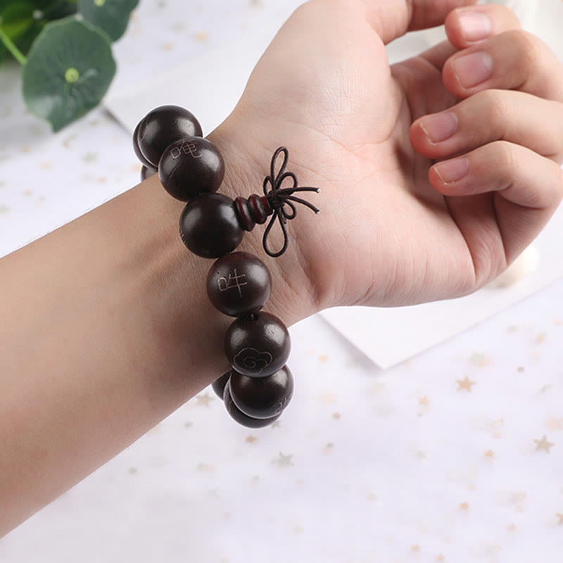 KarmaRipple's 925 Sterling Silver Inlaid Small Leaf Red Sandalwood Om Mani Padme Hum Character Auspicious Clouds Protection Bracelet p18