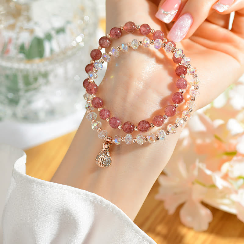 KarmaRipple's Strawberry Quartz Ivory Gemstone Money Bag Talisman Positive Bracelet p1