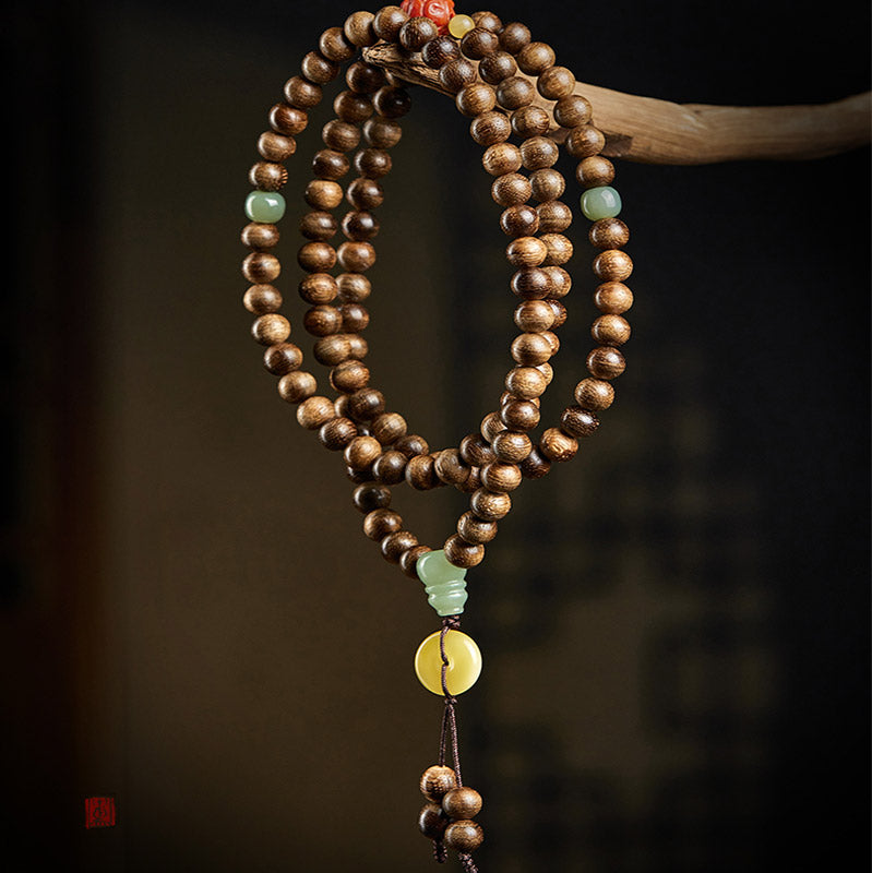 KarmaRipple's 108 Mala Beadwork Kalimantan Agarwood Gourd Jade Amber Balance Bracelet p2