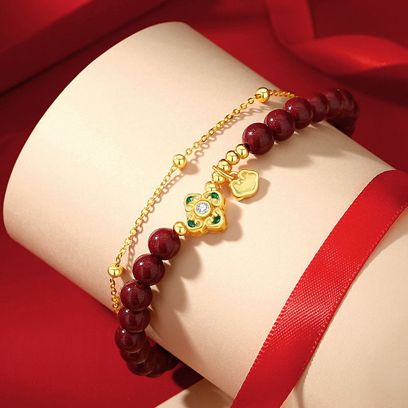 KarmaRipple's 925 Sterling Silver Authentic Cinnabar Four Leaf Clover Flower Blessing Chain Bracelet p2