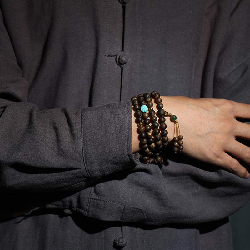 KarmaRipple's 108 Mala Beadwork Nha Trang Agarwood Turquoise Prayer Meditation Bracelet Mala p4