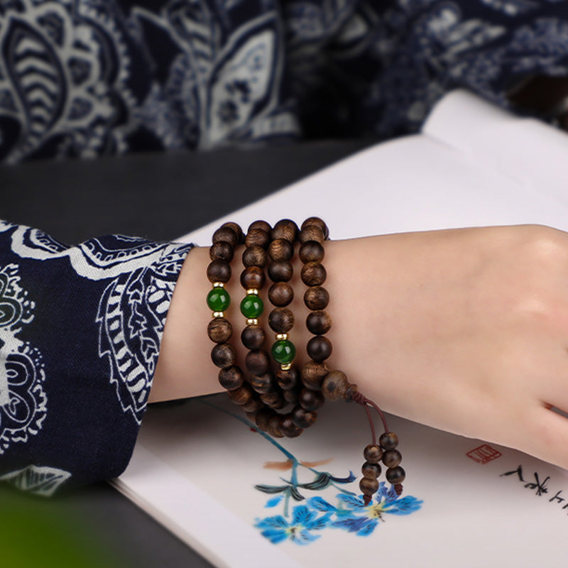 KarmaRipple's 108 Mala Beadwork Indonesia Tarakan Rare Agarwood Cyan Jade Ward Off Evil Spirits Bracelet p8