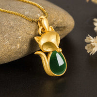 KarmaRipple's Green Chalcedony Fox Pattern Courage Pendant Necklace