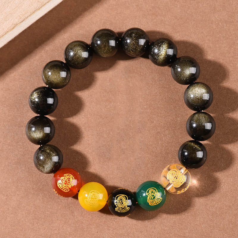 KarmaRipple's Gold Sheen Obsidian Rainbow Obsidian Black Obsidian Five Directions Gods of Wealth Bracelet p6