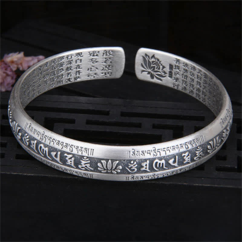 KarmaRipple's 999 Sterling Silver Om Mani Padme Hum Heart Sutra Lotus Peace Bracelet Bangle p2