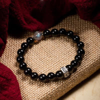 KarmaRipple's Chinese Zodiac Natal Buddha 925 Sterling Silver Black Obsidian Moonstone Strength Bracelet