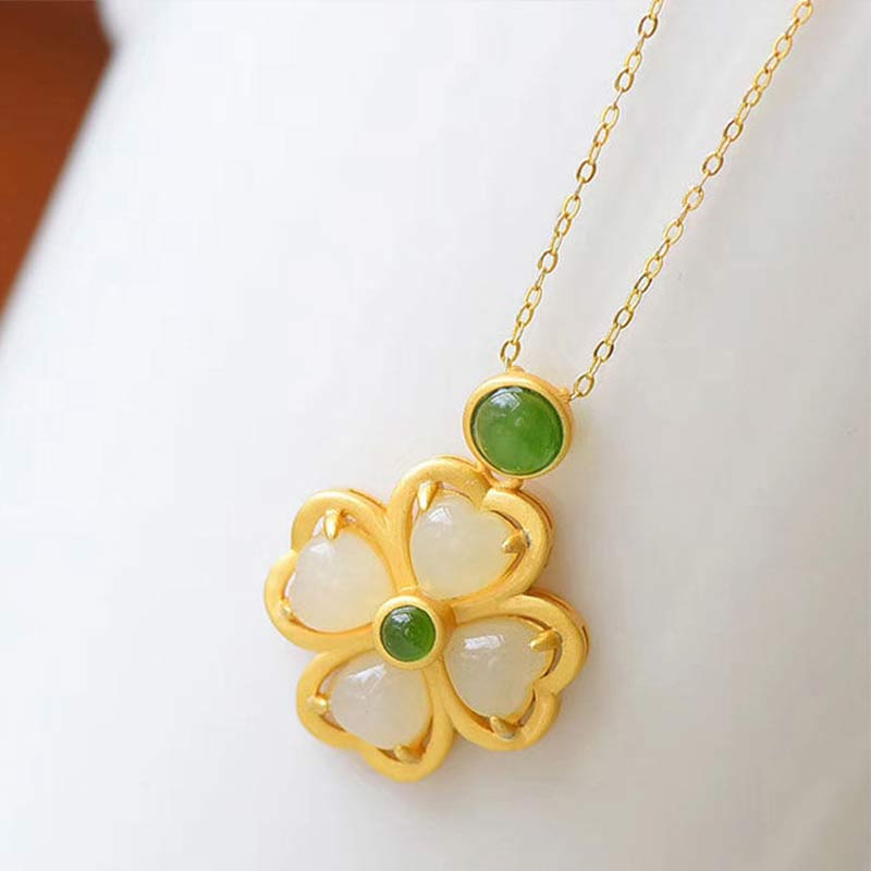 KarmaRipple's 925 Sterling Silver Fortunate Four Leaf Clover Jade Prosperity Pendant Chain Necklace p10