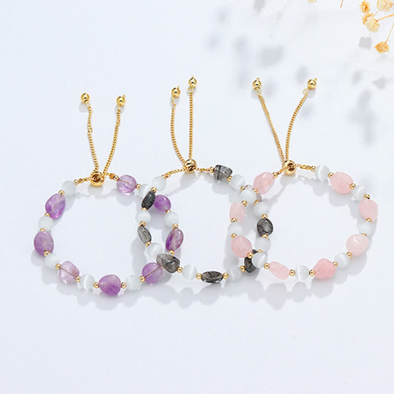 KarmaRipple's Amethyst Pink Gemstone Black Rutilated Quartz Spiritual Awareness Bracelet p11