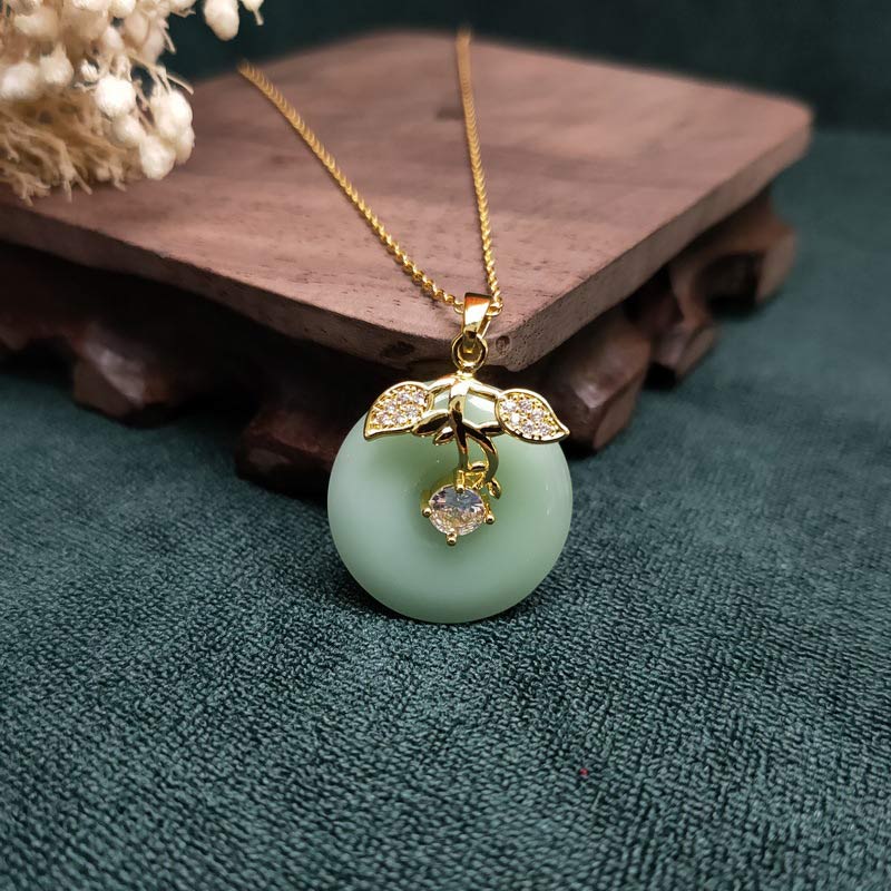 KarmaRipple's Round Jade Leaf Blessing Fortune Pendant Chain Necklace p5