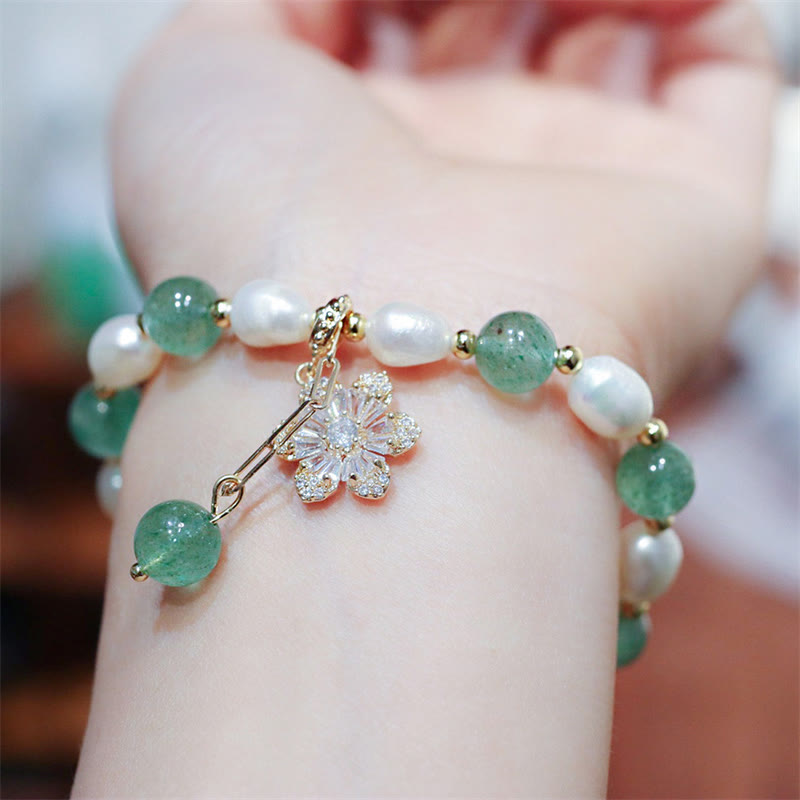 KarmaRipple's Authentic Green Strawberry Quartz Pearl Flower Talisman Love Bracelet p3