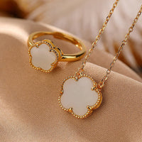KarmaRipple's 925 Sterling Silver Plated Gold Authentic Hetian Jade Flower Fortune Pendant Necklace Ring Set