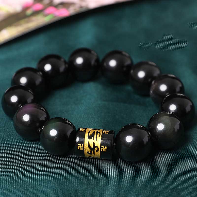 KarmaRipple's Rainbow Obsidian Om Mani Padme Hum Swastika Positive Bracelet p1
