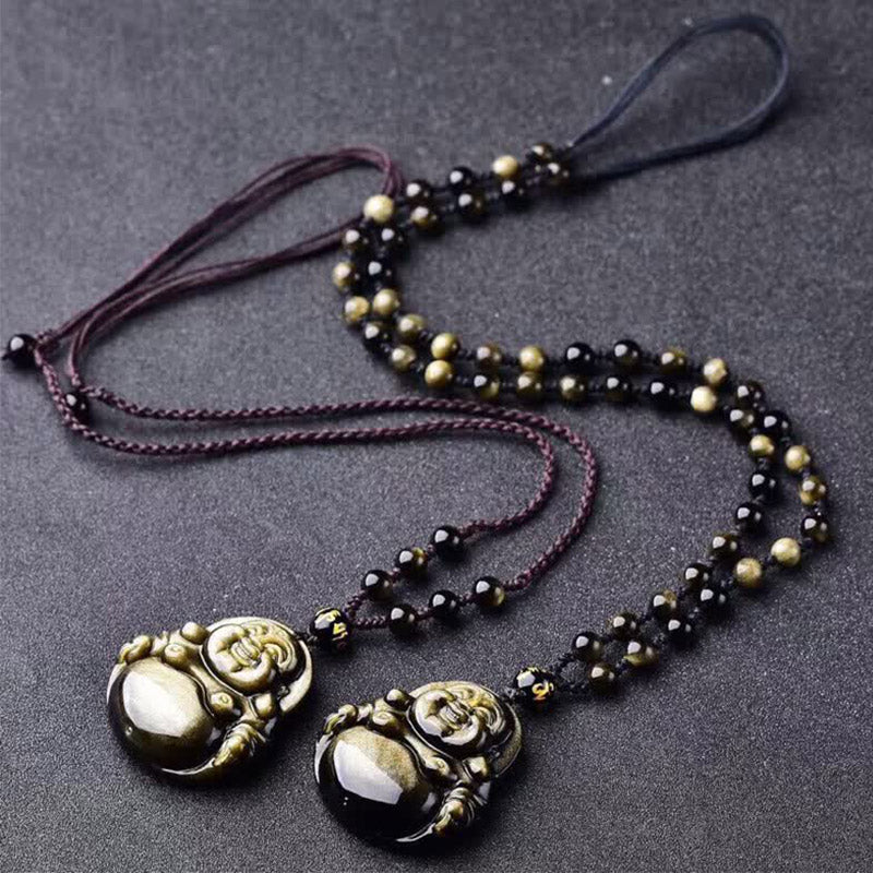 KarmaRipple's Laughing Buddha Gold Sheen Obsidian Wealth Pendant Necklace p4