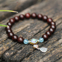 KarmaRipple's 925 Sterling Silver Indian Small Leaf Red Sandalwood Aquamarine Full of Gold Star Chinese Knotting Blessing Bracelet