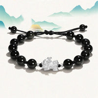 KarmaRipple's Authentic Black Obsidian Cat's Eye Pink Gemstone PiXiu Strength Bracelet
