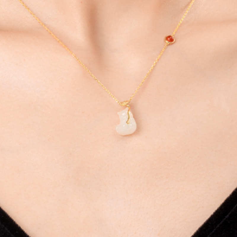 KarmaRipple's 925 Sterling Silver Plated 18K Gold Hetian Jade Ruyi Cat Cinnabar Fortune Bracelet Pendant Necklace Set p8