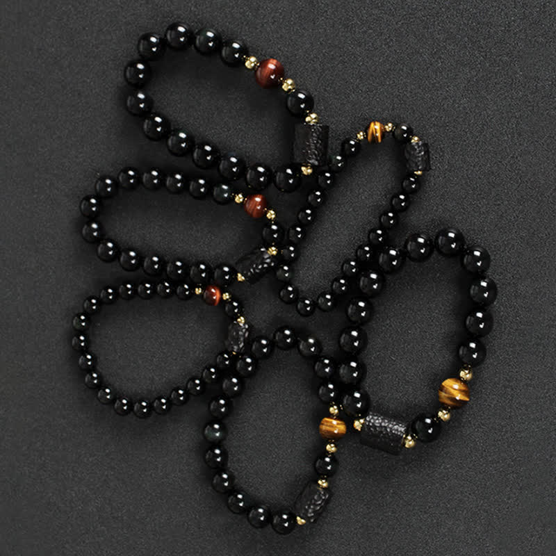 KarmaRipple's Black Obsidian Ebony Wood Red Tiger Eye Strength Pair Bracelet p15