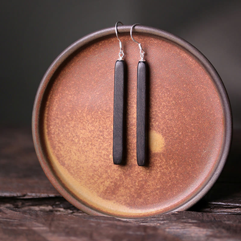 KarmaRipple's 925 Sterling Silver Ebony Wood Texture Balance Peace Drop Dangle Earrings p4