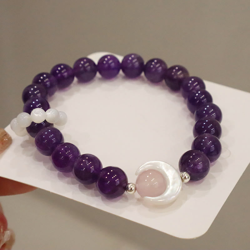 KarmaRipple's 925 Sterling Silver Authentic Amethyst Aquamarine Pink Gemstone Cat's Eye Balancing Crescent Moon Bracelet p7