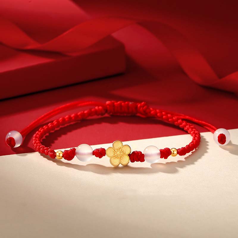 KarmaRipple's Handmade 925 Sterling Silver Peach Blossom Cherry Sakura Chalcedony Bead Fortune Red Rope Bracelet p1