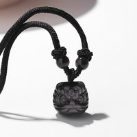 KarmaRipple's Authentic Silver Sheen Obsidian Red Agate Dancing Lion Protection Pendant Necklace