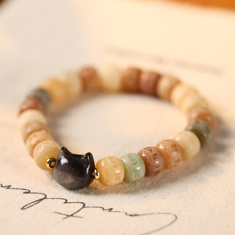 KarmaRipple's Bodhi Seed Silver Sheen Obsidian Cat Head Om Mani Padme Hum Engraved Balance Bracelet p1