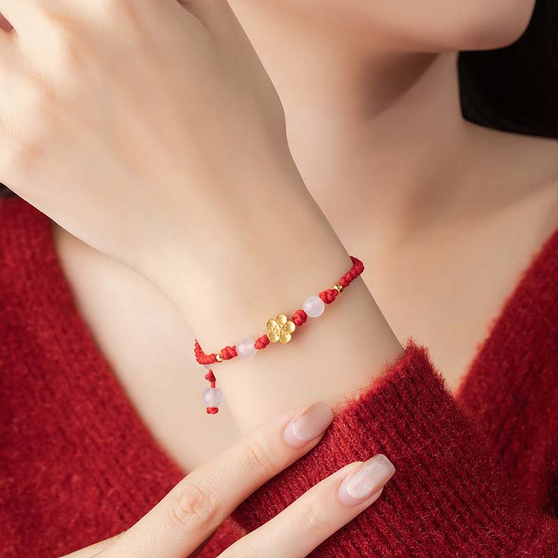 KarmaRipple's Handmade 925 Sterling Silver Peach Blossom Cherry Sakura Chalcedony Bead Fortune Red Rope Bracelet p8