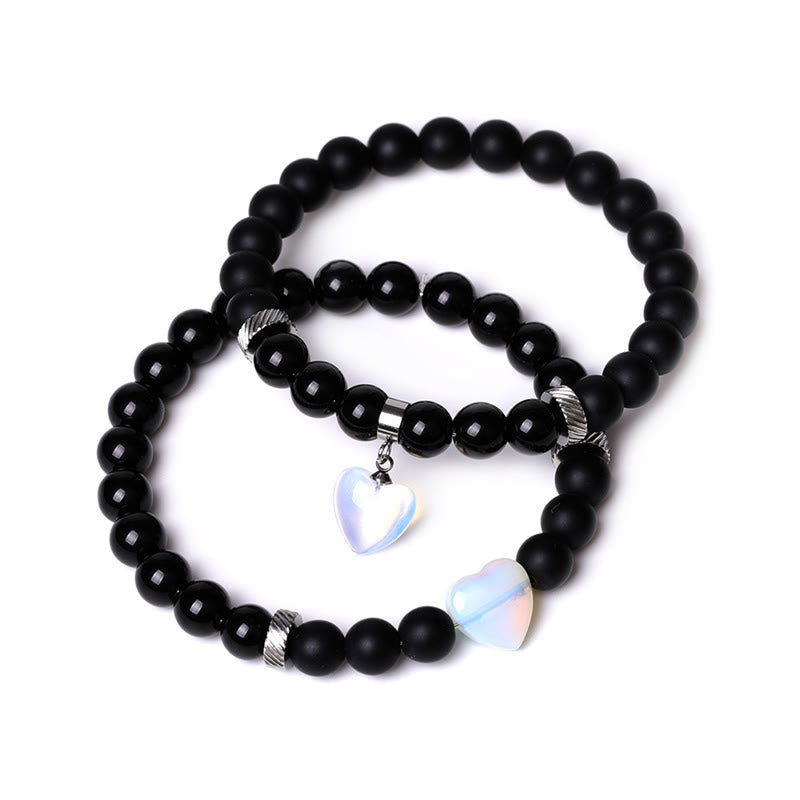 KarmaRipple's 2Pcs Black Onyx Gemstone Stone Love Heart Protection Support Pair Bracelet p7