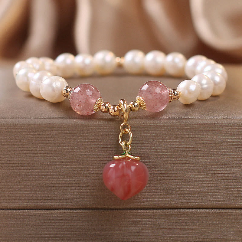 KarmaRipple's Authentic Pearl Strawberry Quartz Peach Love Heart Wisdom Talisman Bracelet p10