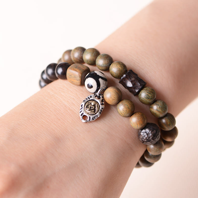 KarmaRipple's Tibetan Green Sandalwood Ebony Wood Three-eyed Dzi Bead Fu Character Balance Peace Double Wrap Bracelet p6