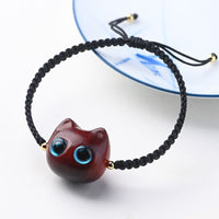 KarmaRipple's Small Leaf Red Sandalwood Ebony Wood Cute Cat Head Calm Protection Woven Bracelet