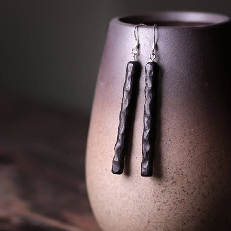 KarmaRipple's 925 Sterling Silver Ebony Wood Texture Balance Peace Drop Dangle Earrings p12