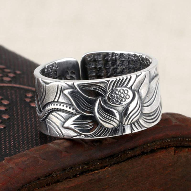 KarmaRipple's 999 Sterling Silver Lotus Symbol Heart Sutra Protection Ring p2