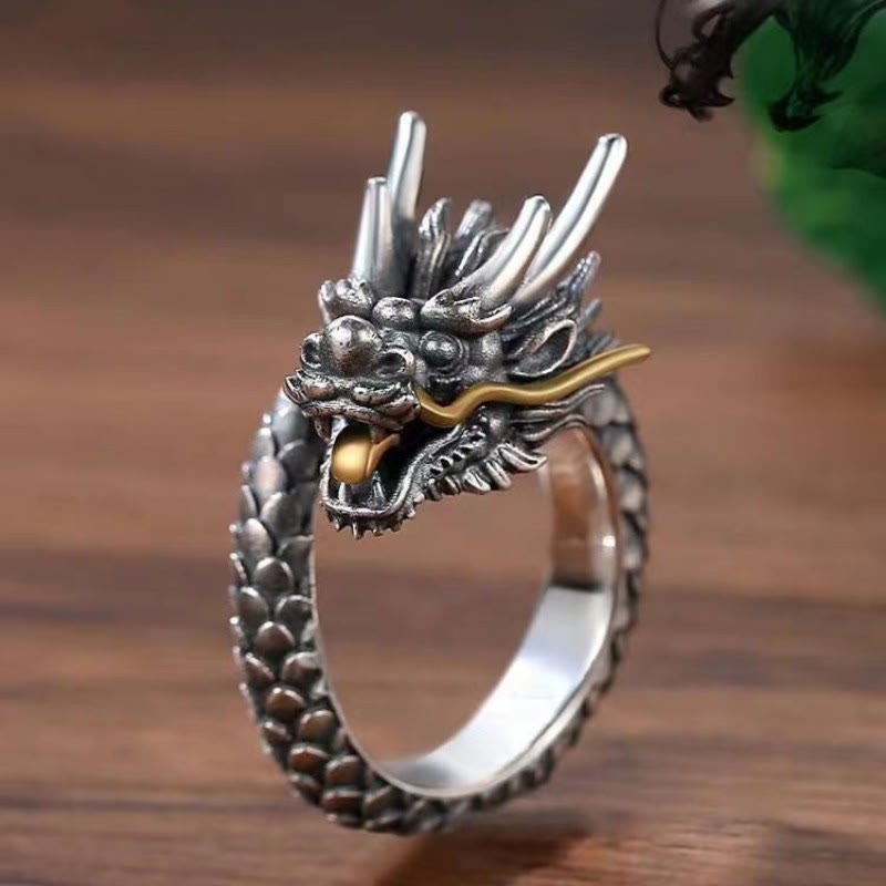 KarmaRipple's 925 Sterling Silver Vintage Dragon Design Protection Strength Adjustable Ring p18