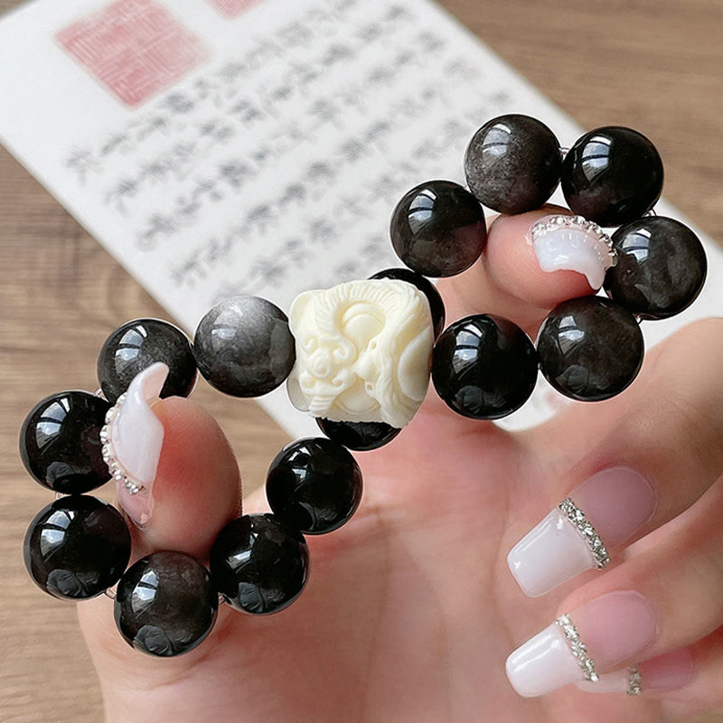 KarmaRipple's Silver Sheen Obsidian Bodhi Seed Ivory Fruit Dancing Lion Protection Bracelet p9